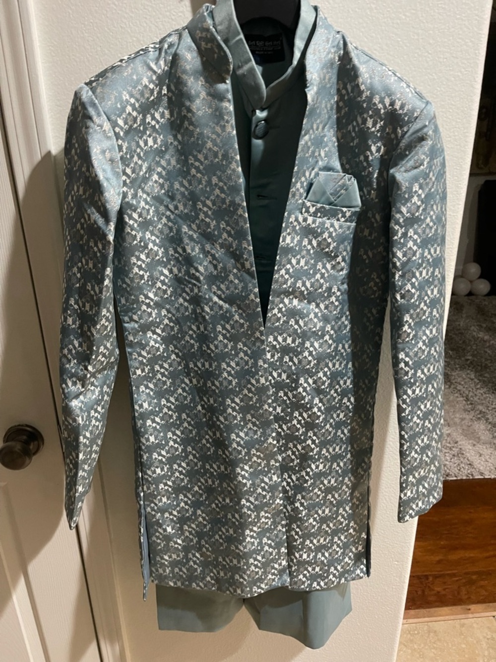 Men's Light Blue Brocade Nehru Jacket and Kurta Set